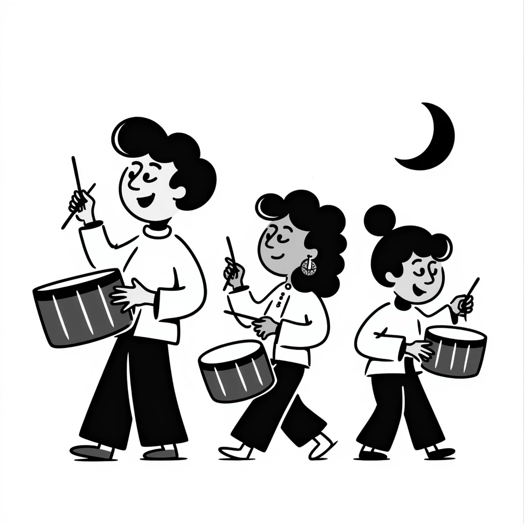 group waking up the neighborhood for sahur with drums, crescent moon in background emoji