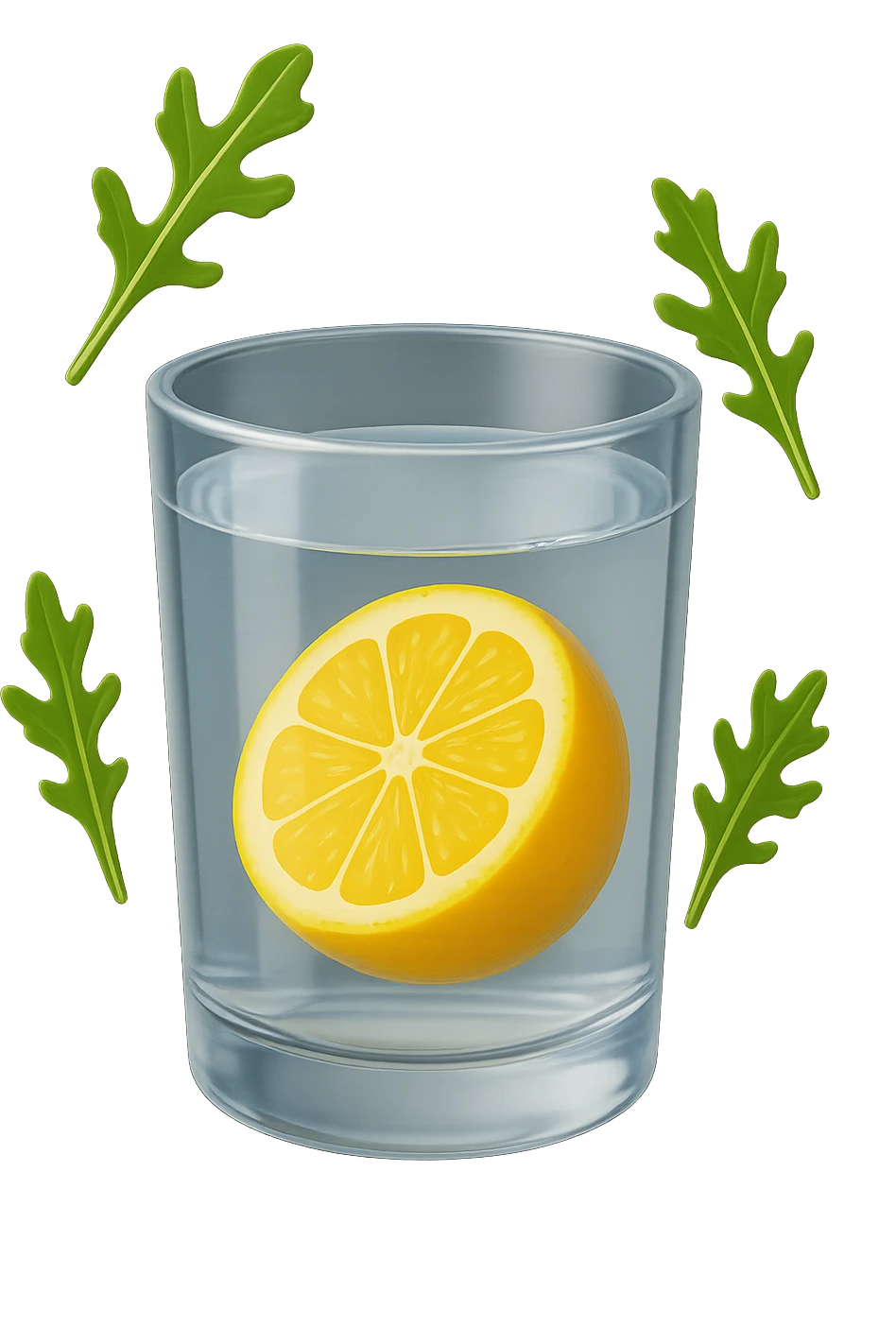 emoji stile iphone 3d di un bicchiere di acqua con limone e qualche foglia di rucola che fluttua intorno in aria, iperrealistico 4k emoji