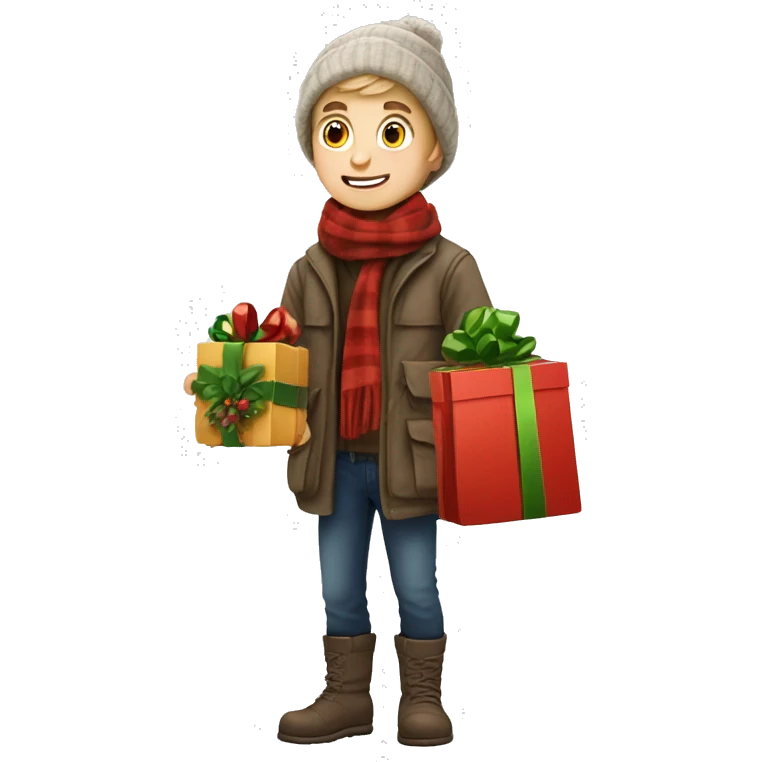 German boy going christmas shopping, buying a lot of gifts, wearing warm clothes emoji