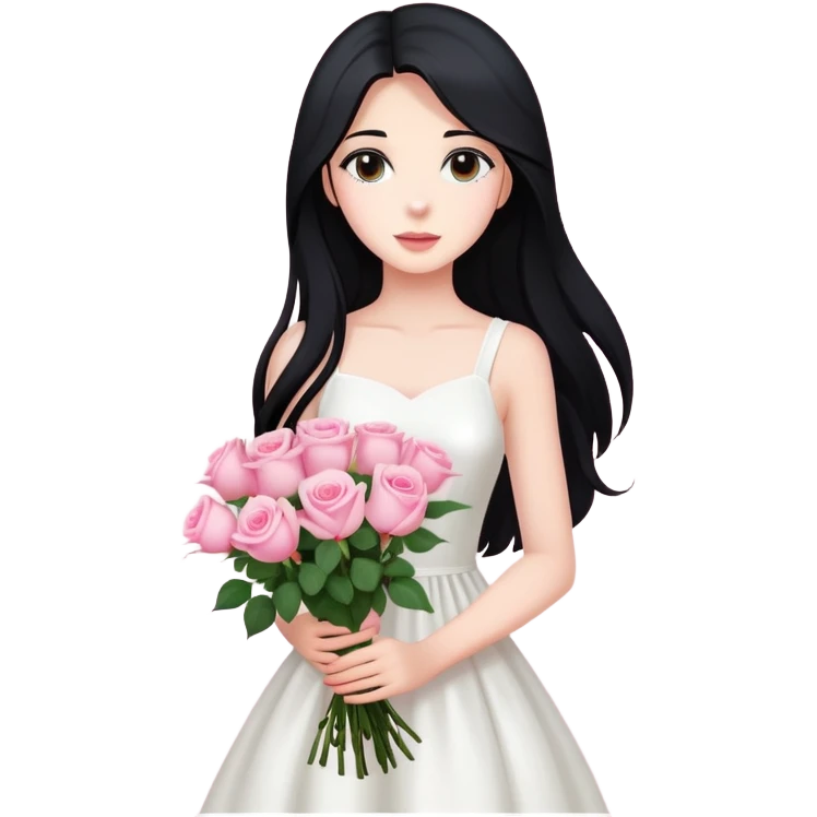 A beautiful girl with long black hair and a white dress is holding a bouquet of pink roses emoji
