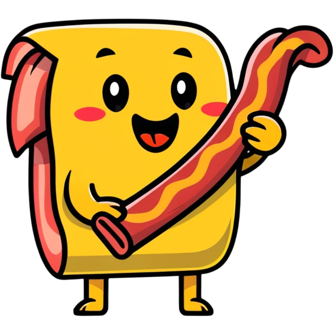 tongue out emoji holding a bacon strip, exaggerated expression emoji