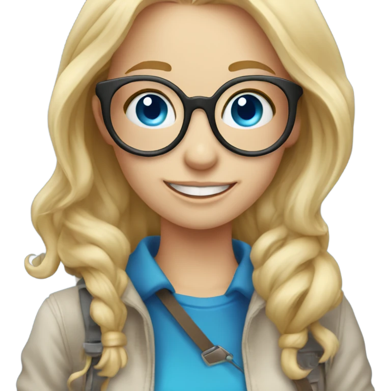 Real blonde girl with glasses smiling blue eyes taking pictures with a camera  emoji