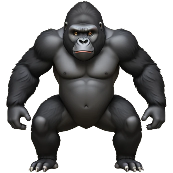 cinematic-friendly gorilla-realistic-full-body-crouched on all fours-emoji,-broad-and-powerful-frame-poised-with-confidence,-massive-arms-hanging-slightly-forward,-head-tilted-thoughtfully,-thick-black-fur,-deep-dark-eyes-full-of-intelligence,-simplified-yet-realistic emoji
