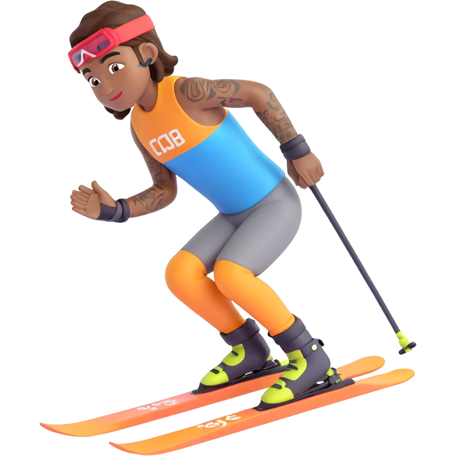 Nike-inspired ski athlete with brown skin, tattoos on arms, winter sports outfit, in a modern 3D emoji style emoji
