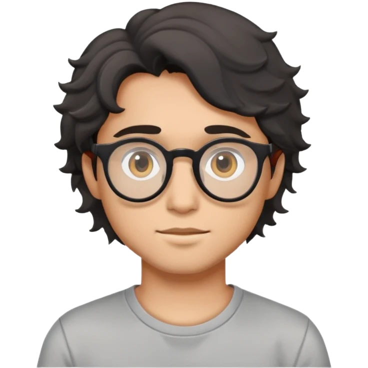 Young man with black wavy hair, round glasses, casual grey t-shirt emoji