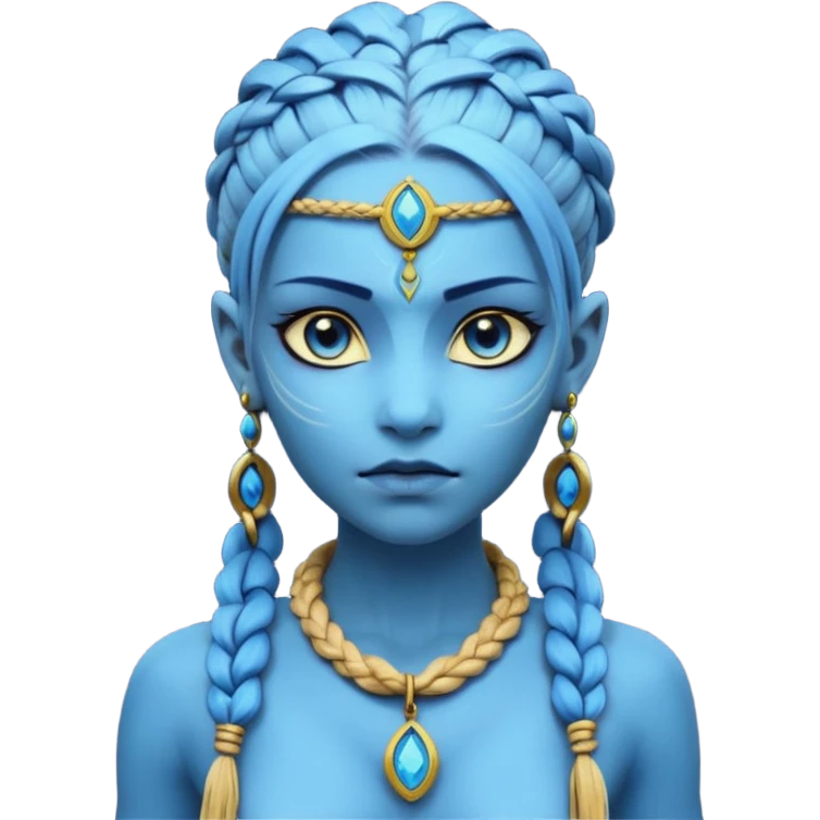 Create an icon of a Na’vi-inspired female character with glowing blue skin, braided hair, tribal forehead markings, large expressive eyes, gold earrings, and a rope necklace with a golden pendant. The expression should be calm and serious, matching the style of the movie Avatar emoji