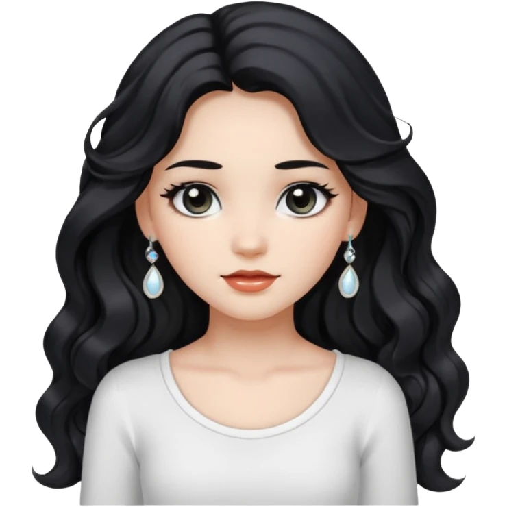 Wavy black long hair girl , black eyes , white top , white\tan skin , wearing accessories  emoji