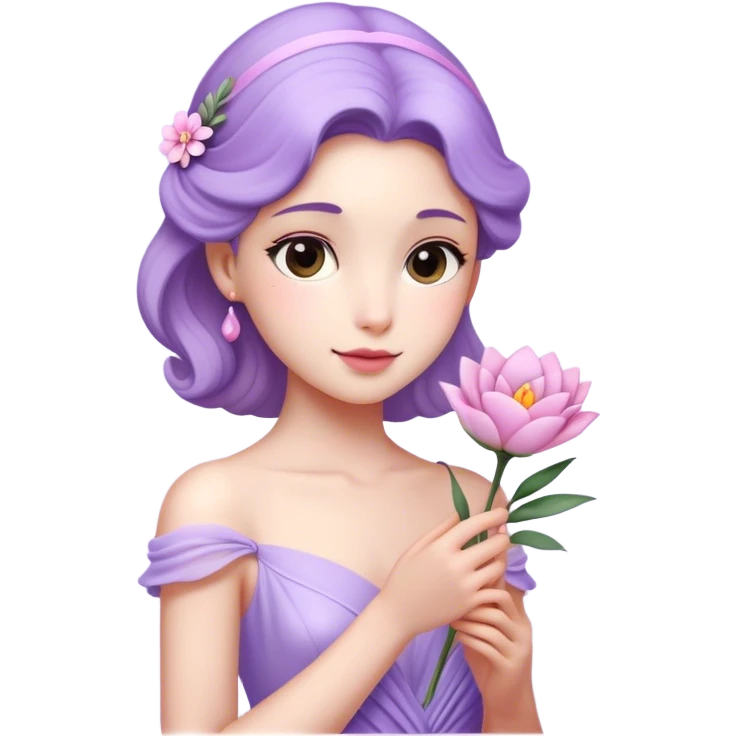 Cinematic Realistic Rapunzel Portrait, with porcelain-like skin featuring a subtle, natural glow, illuminated by soft lighting that brings out the gentle contours of her face. Her long, golden blonde hair cascades in detailed waves, each strand highlighted with a radiant shimmer as it catches the light. She playfully holds a flower in one hand, her other hand resting casually in her lap, with a warm and spirited expression. Her bright, expressive green eyes exude curiosity and warmth, framed by delicate lashes and soft, arched brows. She is dressed in her classic lavender and pink gown, the fabric textured with delicate folds that flow naturally, catching the light with a soft, radiant glow. The portrait captures a luminous, enchanting aura, seamlessly blending realism with a whimsical, fairytale charm, evoking a timeless sense of beauty and magic. emoji