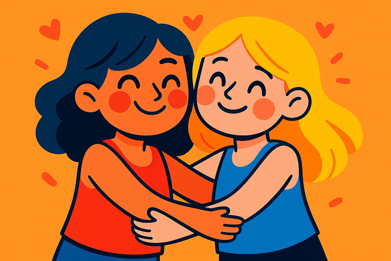 girls in tank tops hugging, friendship, cute and colorful cartoon style illustration emoji