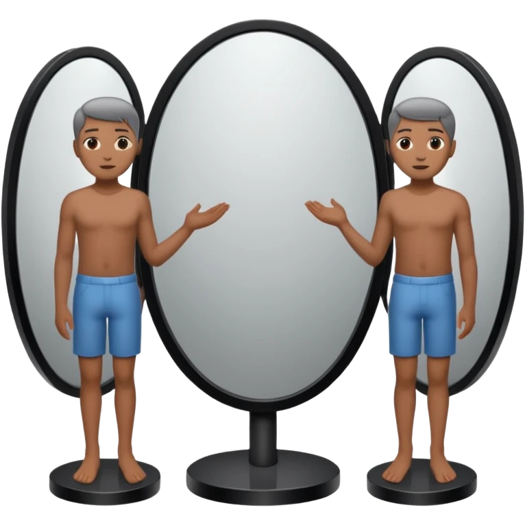 Minimalist emoji-style sticker of a person standing before a mirror, but the reflection is moving differently. Black and gray icon.
 emoji