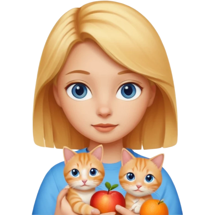 blonde girl with blue eyes holding an orange tabby cat, apple emoji style emoji