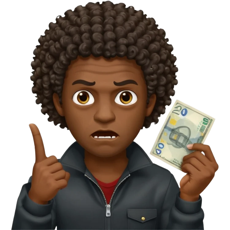 create a blackman holding 20 euro bill and looking like evil very evil curly hair that points upwards emoji