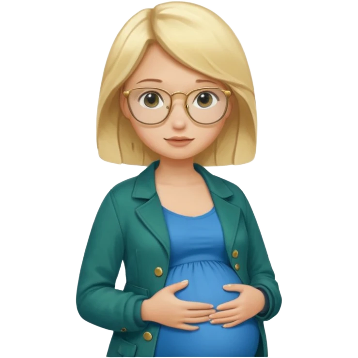 pregnant blonde 18-year old with golden glasses in a bright blue dress and a dark green jacket on top of the blue dress standing sassily emoji