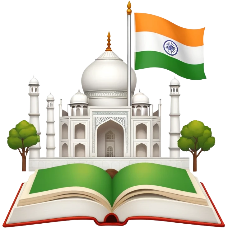 An icon featuring the Taj Mahal and the flag of India, symbolizing the Hindi language. The design includes an open book with hindi text, representing language learning and cultural richness. Transparent background highlights the heritage of India. emoji