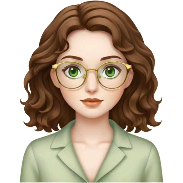 woman with pale skin, brown wavy hair, green eyes, gold glasses emoji