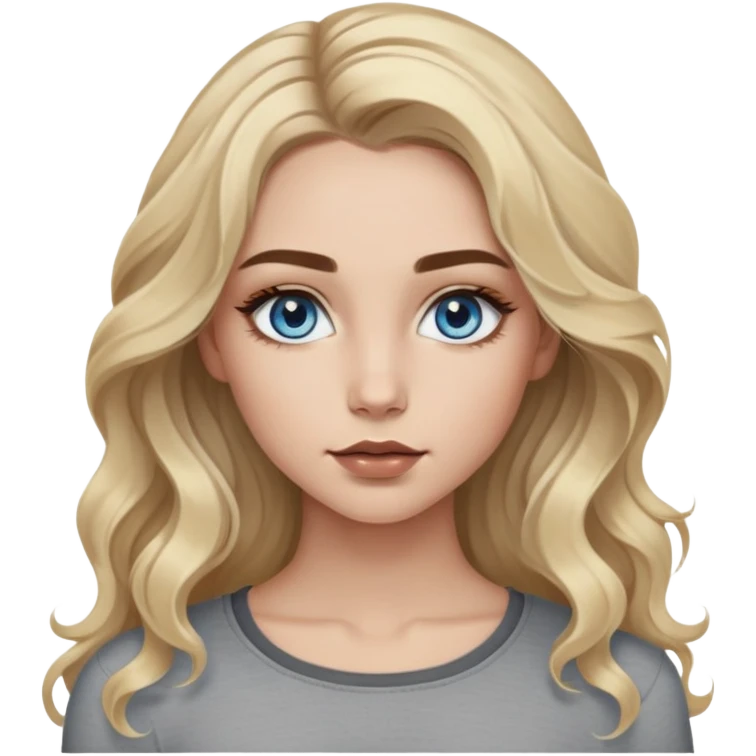 Girl with blue eyes. Blonde wavy hair with dark brown outgrowths. Long hair. Natural eyebrows with color like highlights. Painted eyelashes and lips lined with brown liner. With a gray long-sleeved crop top. Skinny in the face. emoji