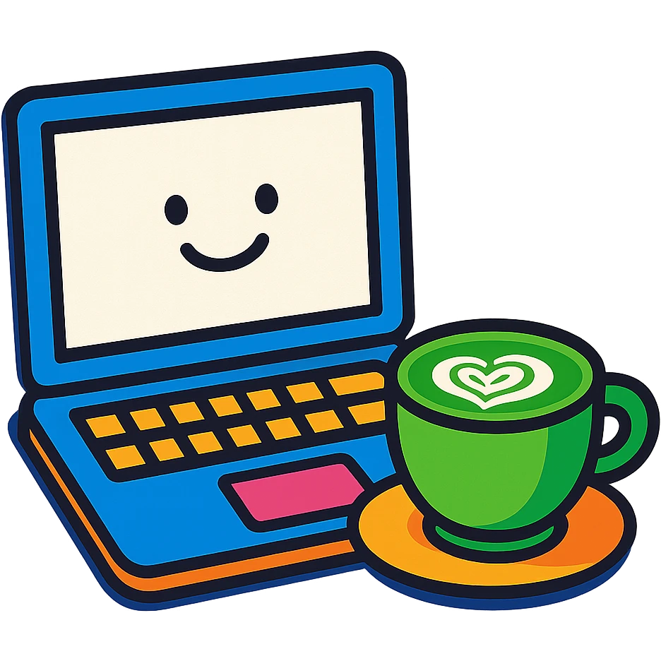 a MacBook and a matcha latte, playful cartoon style emoji