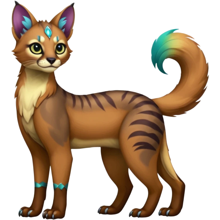 Colorful dark tropical tribal glorious iridescent divine exotic cute cool beautiful beautiful fantasy-caracal-civet-genet-sergal-vernid-Gryphon-Cacomistle-Trico-oncilla-animal-Fakémon-hybrid-fursona (full body) emoji