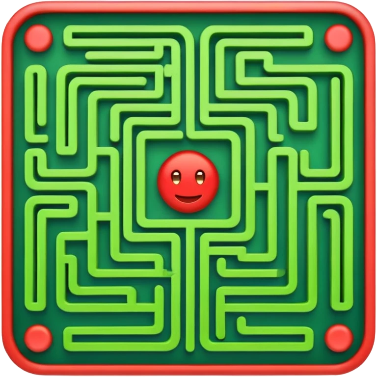 Create a realistic emoji of a maze with different patterns in red which show the wrong way and one way which shows the right way across the maze in green emoji