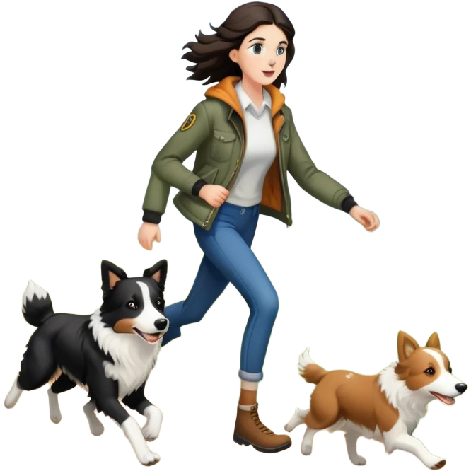 A beautiful tall girl with fair skin wearing a jacket chasing a Border Collie emoji
