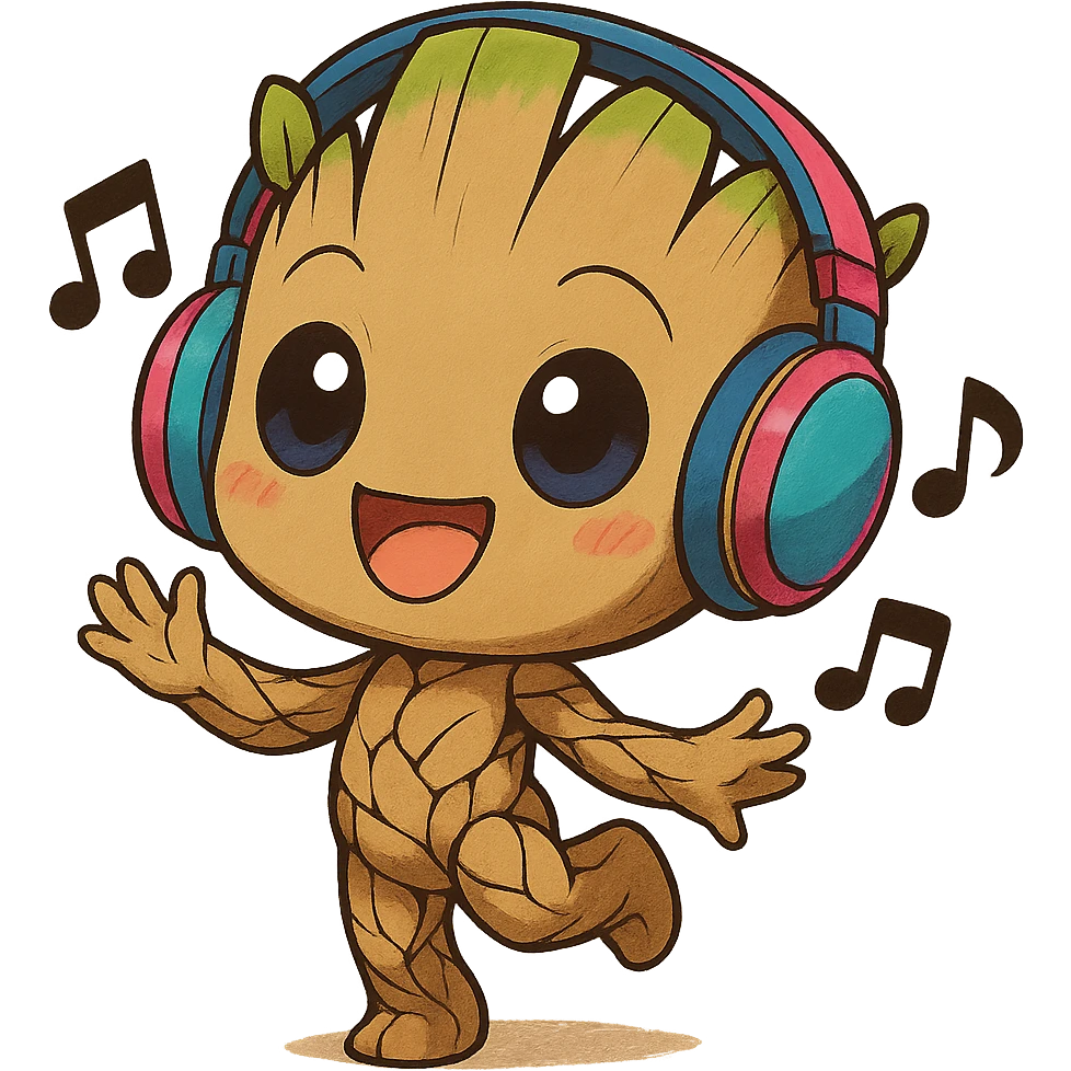 Add cute, colorful headphones to a chibi anime style Groot dancing with an oversized head, joyful and cute, one foot up, musical notes around. Keep the background transparent. The style should be chibi anime with a joyful and cute vibe. emoji