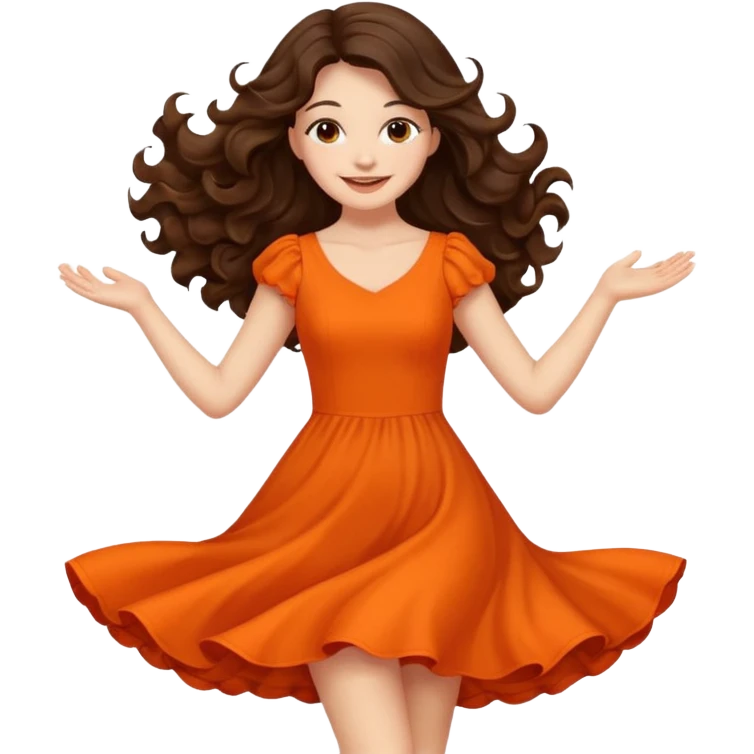 Long dark wavy hair women in orange standing twirling around emoji