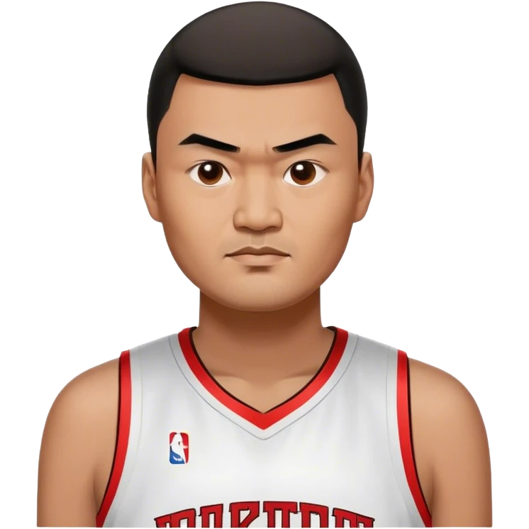 Yao Ming – Cinematic Realistic Portrait of Yao Ming, depicted as a towering basketball icon in a modern uniform, with a gentle yet determined expression and dynamic arena lighting that highlights his immense stature and graceful athleticism. emoji