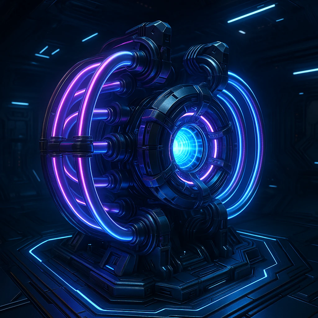 hyperdrive core for a starship, exposed energy coils, blue and purple glow, advanced technology emoji