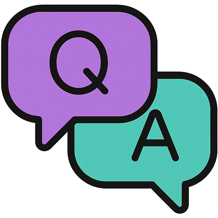 purple chat bubble marked Q and teal chat bubble marked A, both together, minimal and clean emoji