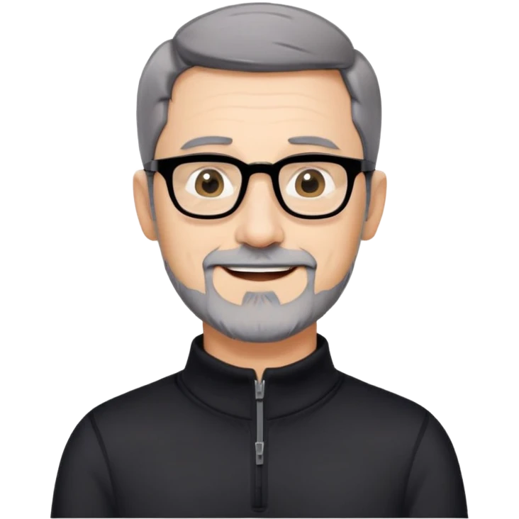 Caucasian man with very short black hair, short graying beard, large black eyeglasses, cheerful expression, black long sleeve shirt with quarter zip at collar emoji