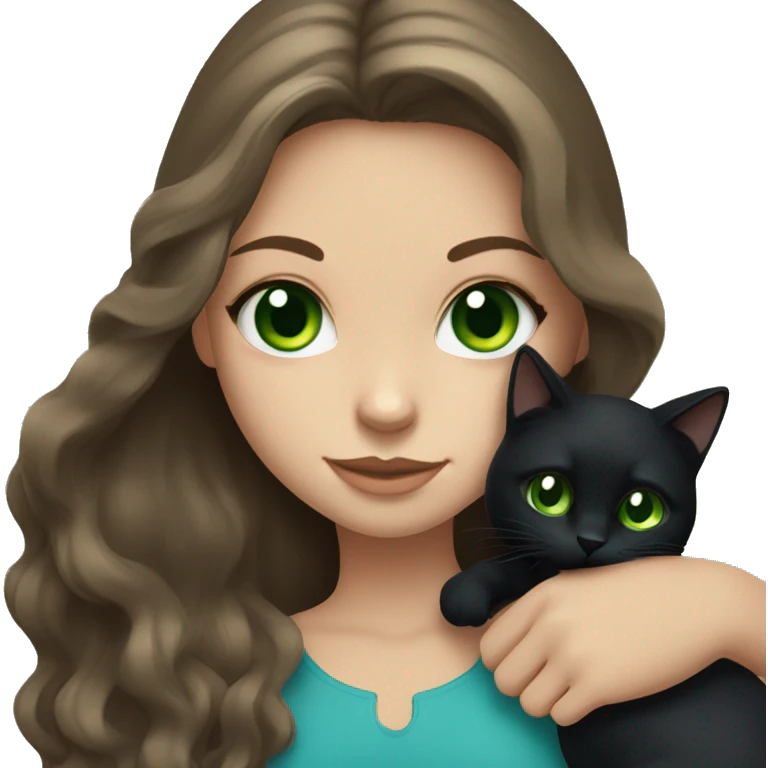 Girl with long brown hair and blue eyes holding chunky black cat with green eyes emoji