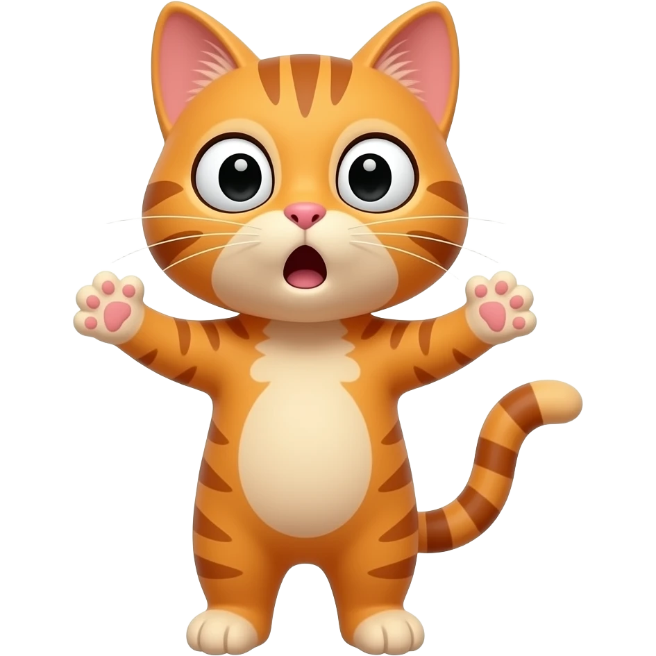 A little orange cat standing up with legs and arms like a little person, looking very surprised. All his body ia orange. emoji
