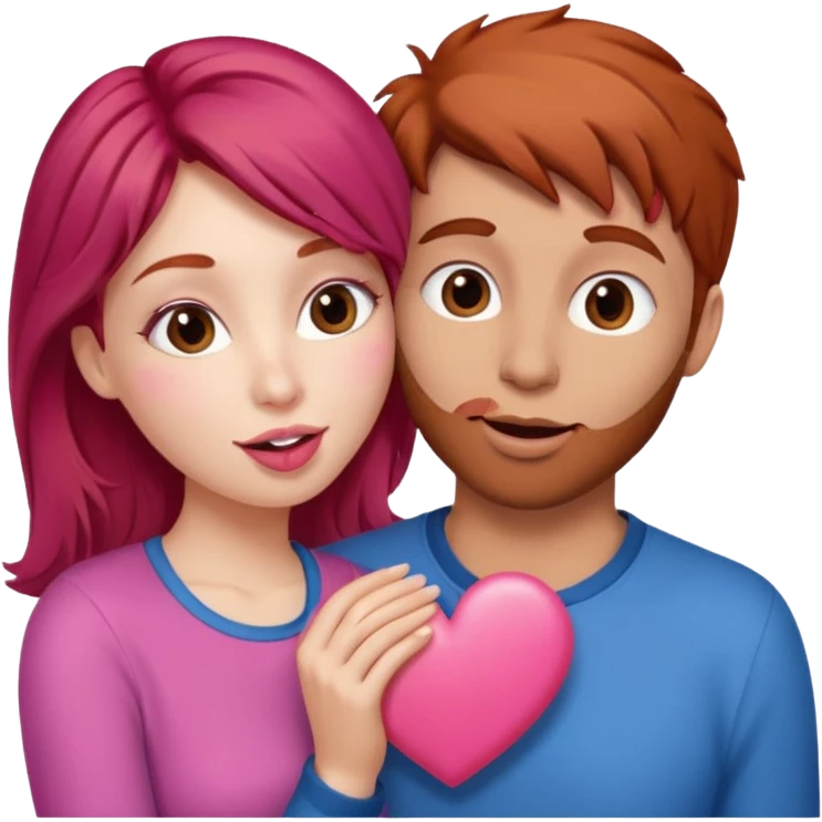 mujer pelirroja y hombre con pelo café haciendo cara de beso pero con un corazón entremedio emoji