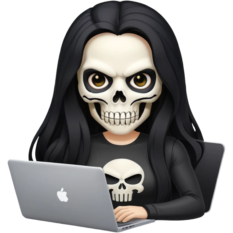 female Punisher skull with long flowing black hair working on a laptop emoji