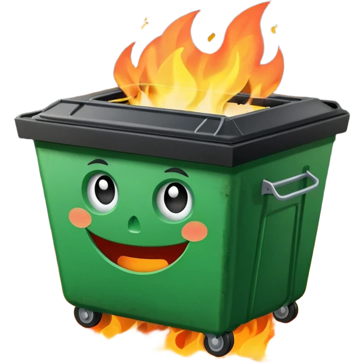 Green smiling dumpster with an open black lid and a fire burning inside it. there is litter and trash on the ground around it emoji