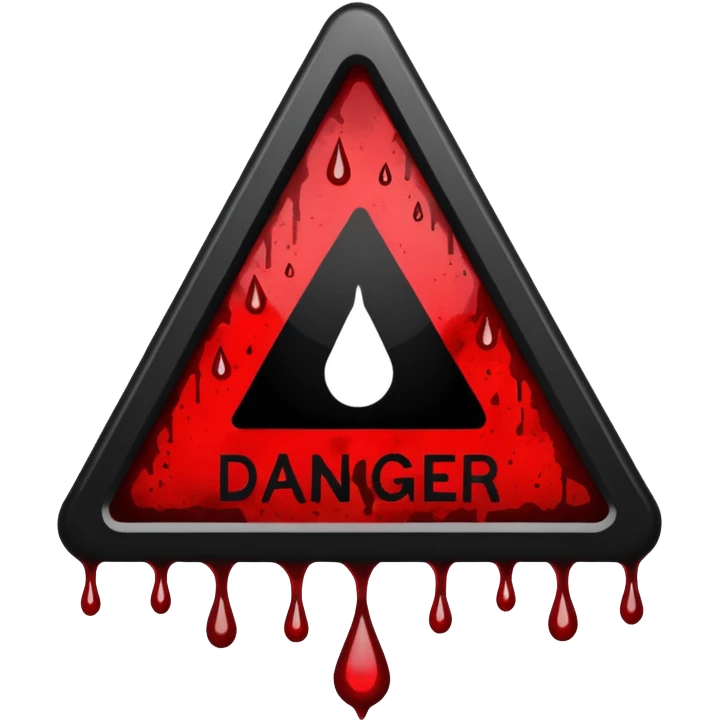 A triangular danger with a bold black border with danger written in the middle  and a bright yellow background. In the center, a dark red blood splatter spreads outward, with a few drops dripping down the sign. The design gives a wild, intense, and dangerous vibe,  emoji