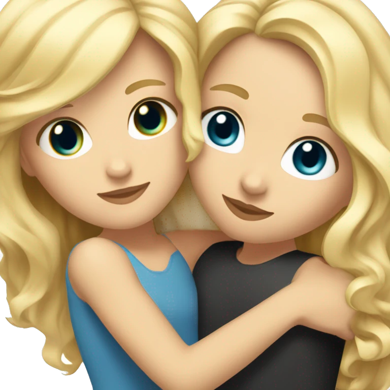 A white girl with blue eyes and blonde hair hugging a girl with tan skin and black wavy hair  emoji