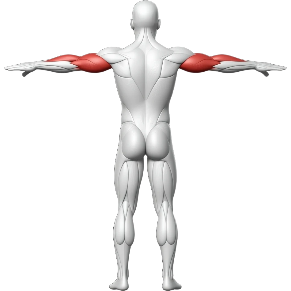 3D anatomical male body, back view, full body white, both triceps highlighted in bright red (left and right arm), all other muscles white. Black background, no text, no labels, realistic muscle anatomy. emoji