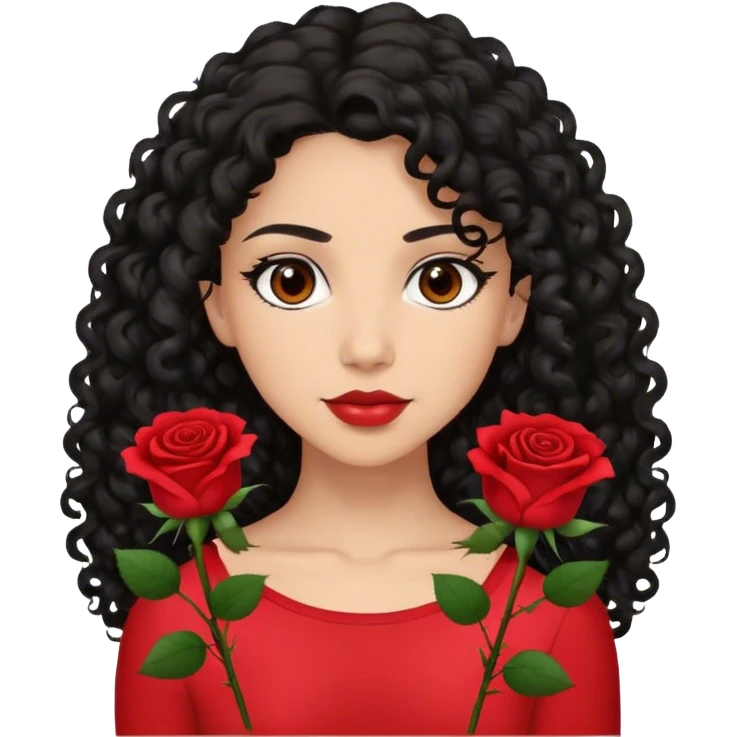 Brown eyes black curly long hair red roses backdrop ted top  emoji