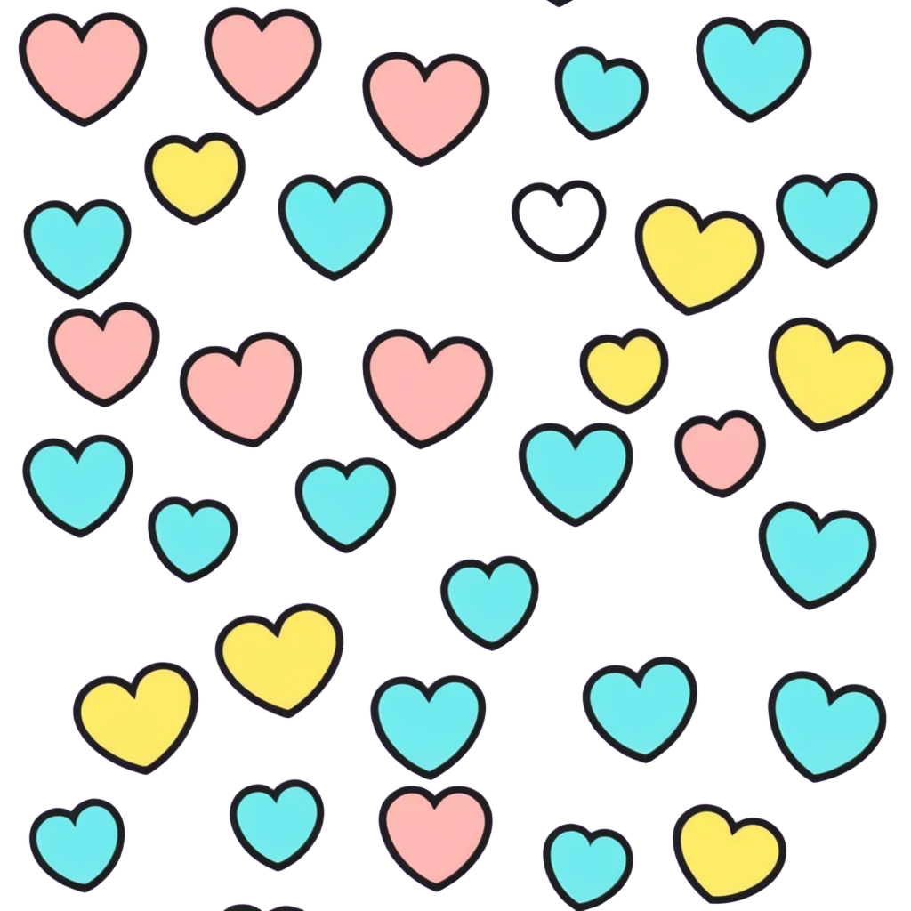 funny children's drawing of multiple hearts with smiling faces, pastel colors emoji