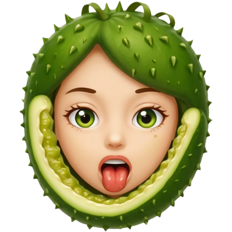 A girl opening her mouth insanely wide with a pickle inside her mouth  emoji