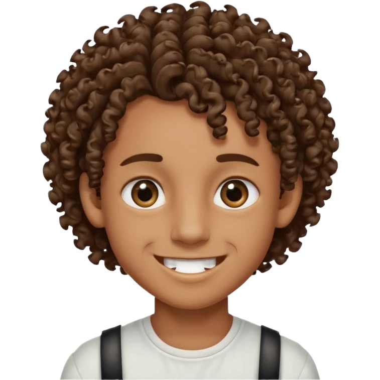 Brown skin boy with curly hair, smiling with braces, have one onyx eye color the other eye is light brown with a slit eyebrow emoji