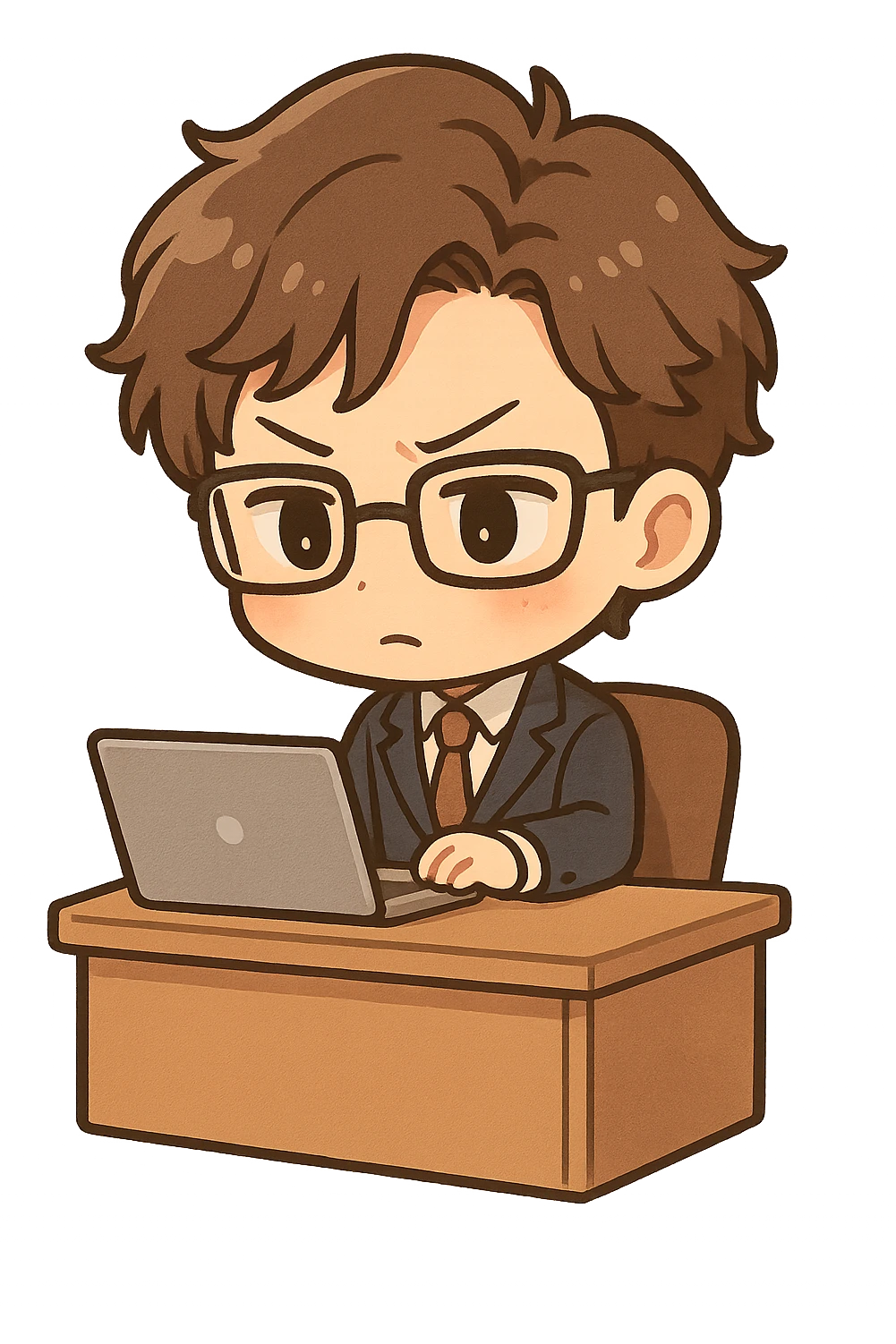 mini manager character, sitting at desk, laptop open, chibi proportions, focused, simple background, manga-inspired style emoji