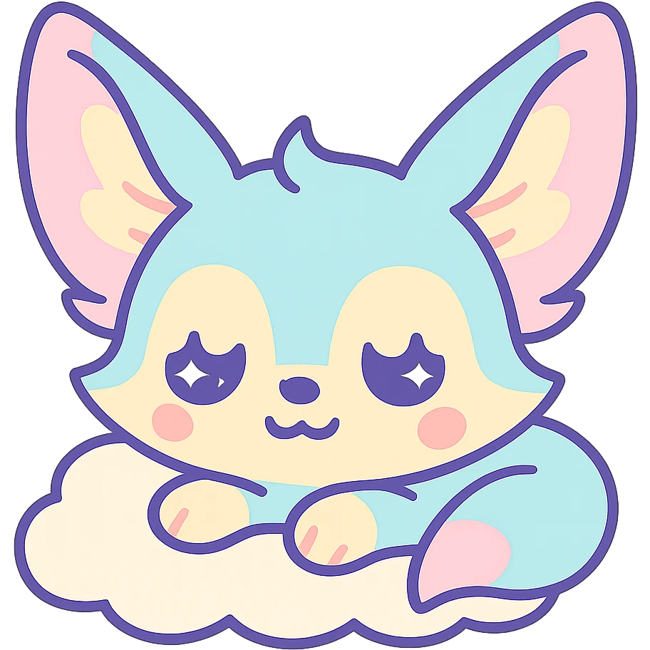 Transformer cette illustration de fennec magique kawaii en emoji expressif, style kawaii, fond transparent, garder les couleurs pastel et les accents féeriques. emoji