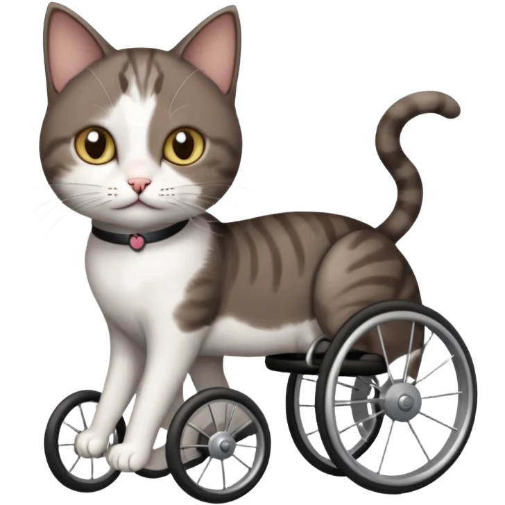 full body small short hair dark brown and white cat with hazel eyes walking in a wheelchair for cats emoji