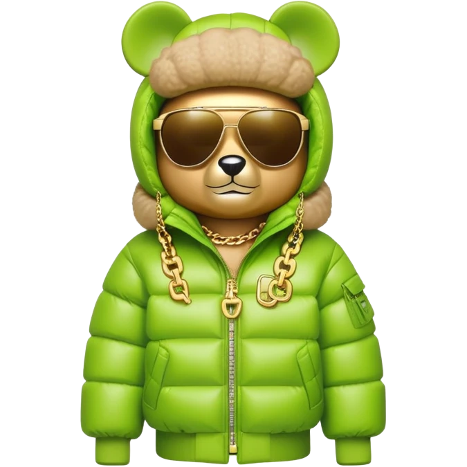 classic bearbrick wearing lime green mask with logo tags, oversized puffy down jacket with lavish fur hood, single-lens visor sunglasses, stacked gold chains, streetwear fashion icon emoji