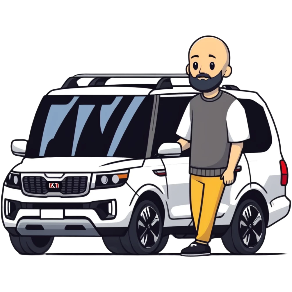 bald man with beard standing next to a Kia Mohave SUV emoji