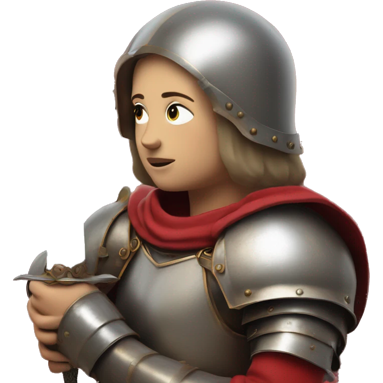 Joan of arc in medieval armor kneels, looking upward, with hands resting on a sword. They're dressed in a red garment under the armor. emoji