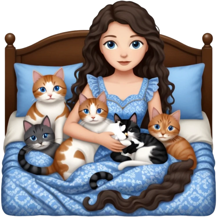 detailed realistic looking a dark grey and white cat regally laying with six other cats, cuddling with their owner in bed who is a pretty bratz lightly tanned white girl with long dark brown hair, blue eyes and gorgeous long wavy hair wearing a pretty detailed dress emoji