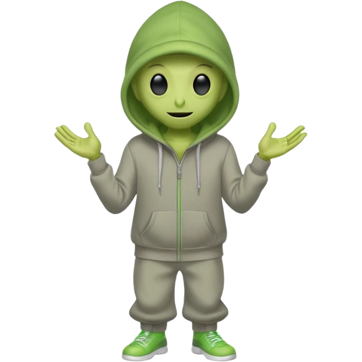 green alien in gray hoodie full height, wear hoodie hat, happy emoji